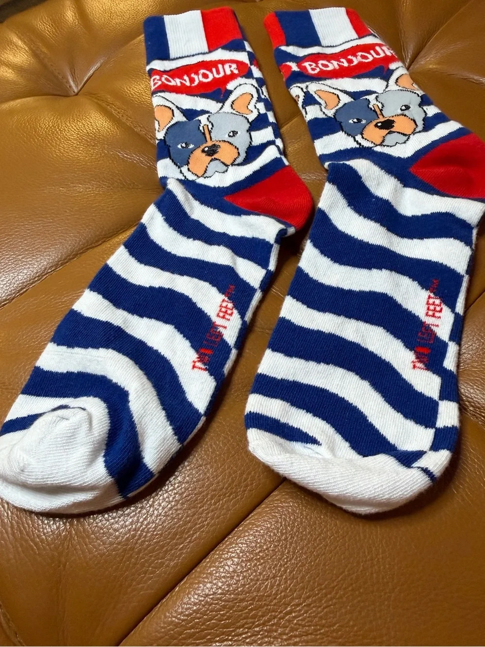 🐶🇫🇷 Bonjour French Bulldog Stripe Dog Socks - Blue, White & Red Unisex Medium